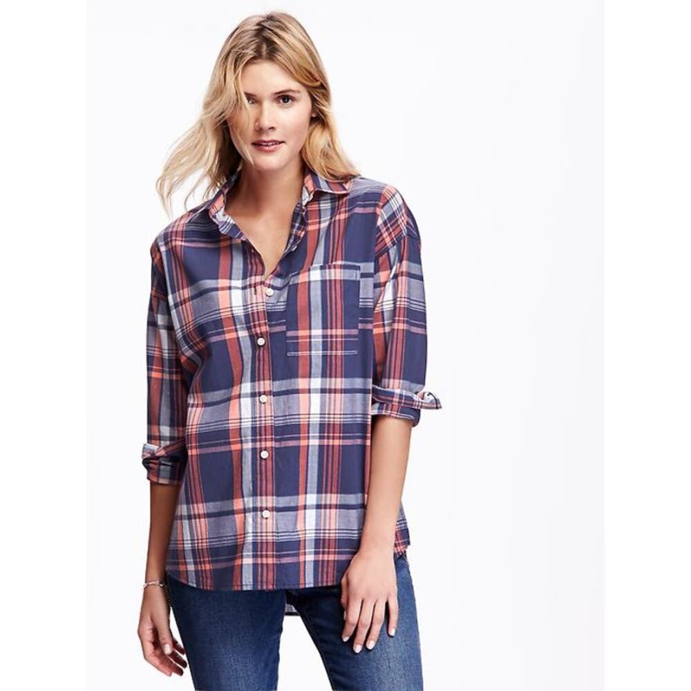 Old Navy Women's Button Front Shirt Boyfriend Style Plaid Long Sleeve Size XS